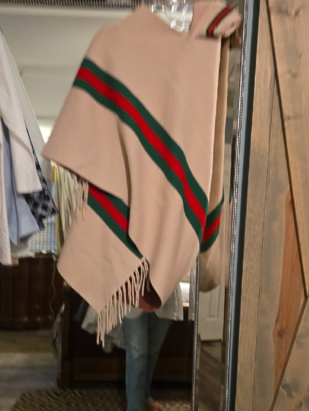 Beige Fringe Cape Poncho with Green & Red Stripes - Picture 7 of 7